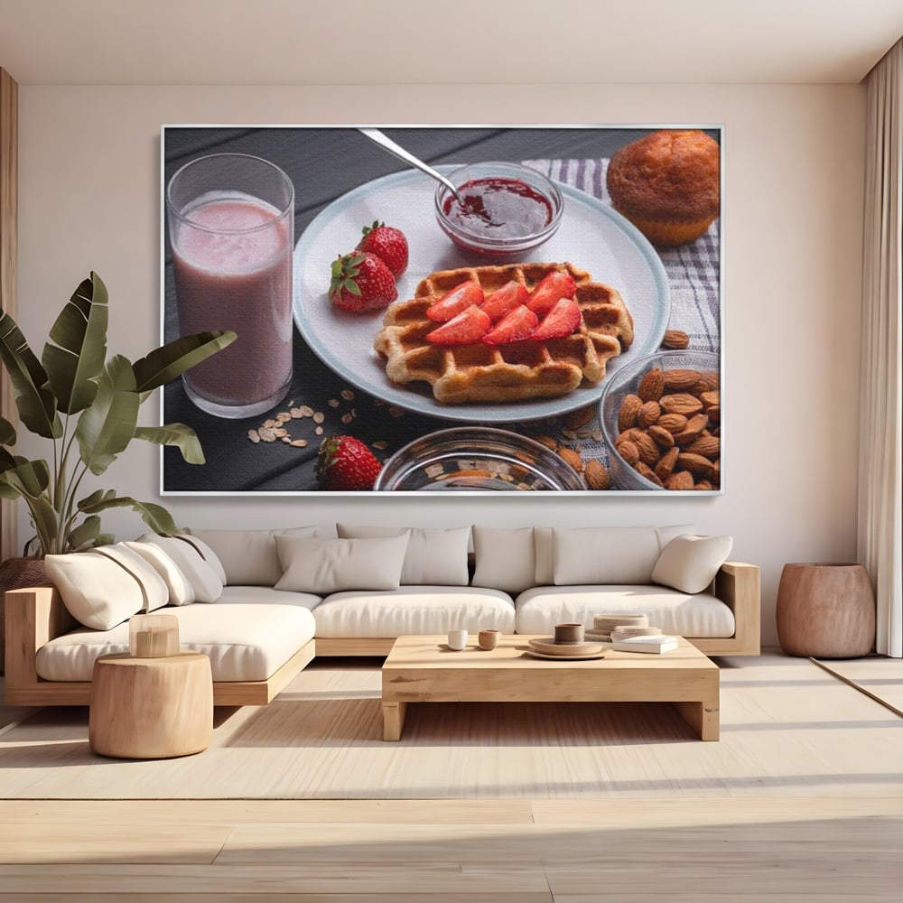 Tablou canvas cu tablou canvas cu mic dejun bogat, in rama de aluminiu argintiu, pe perete intr-un living